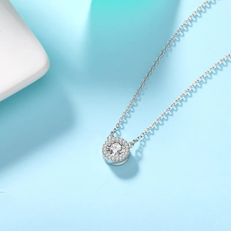 FLOWS Real 925 Sterling Silver Simple Round Necklaces Zircon Long Chain Necklace For Women Clavicle Chain Wedding Jewelry Gifts