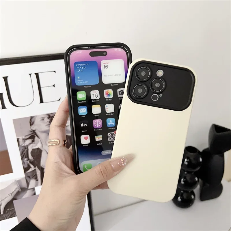 Simple Color Blocking Large Window Lens Phone Case Fro IPhone 16 15 14 13 12 11 Pro Max Plus Luxurious Shockproof Soft Cover