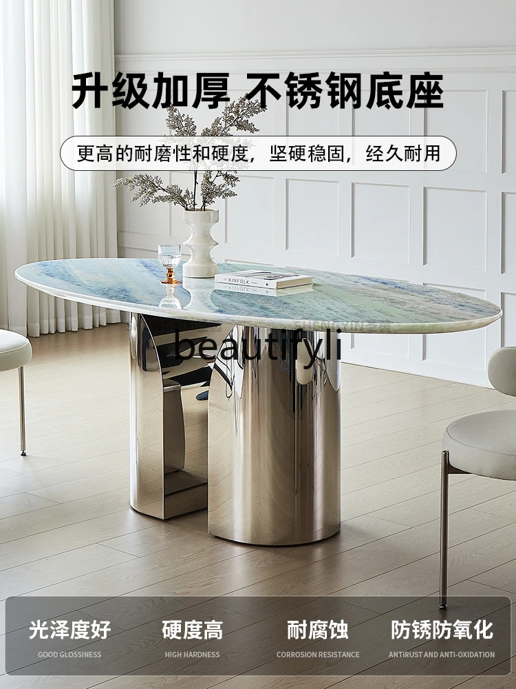 

Blue Crystal Luxury Stone Dining Table Translucent Italian Style Light Luxury Pure Natural Marble Oval Table