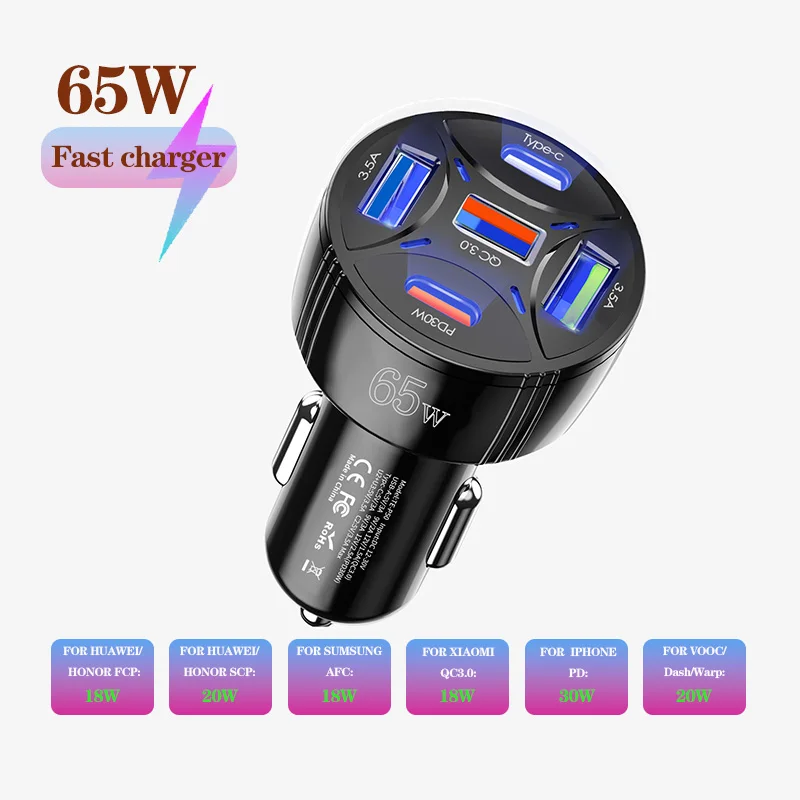 

65W 3.5A 5Port USB car charger QC3.0+PD30W car phone charger for iPhone Samsung Xiaomi fast charging cigarette lighter adapter
