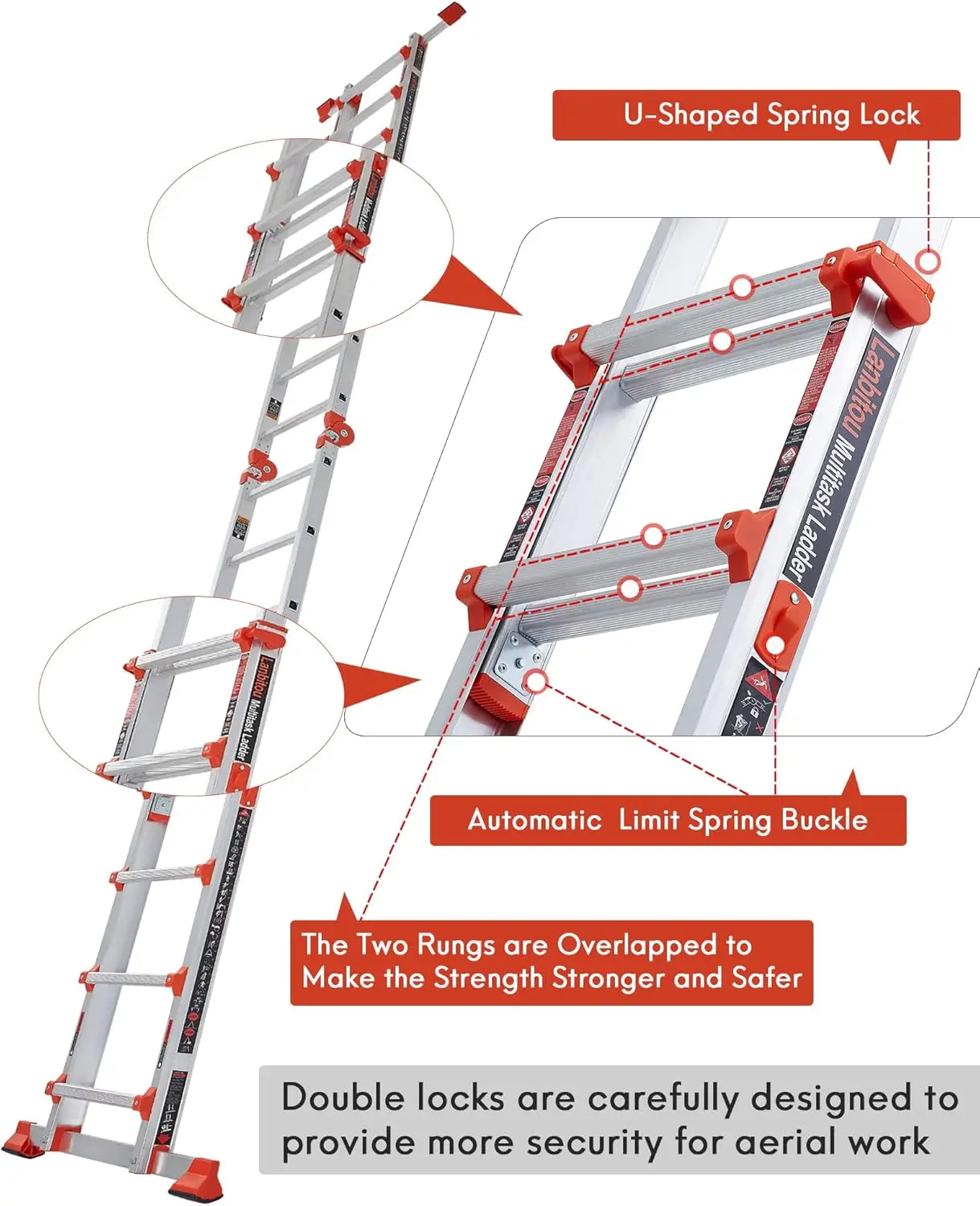 Ladder Extension, 17 Ft Anti-Slip Multi Position Ladder, Storage Folding Ladder, 330 lbs Security Load Te
