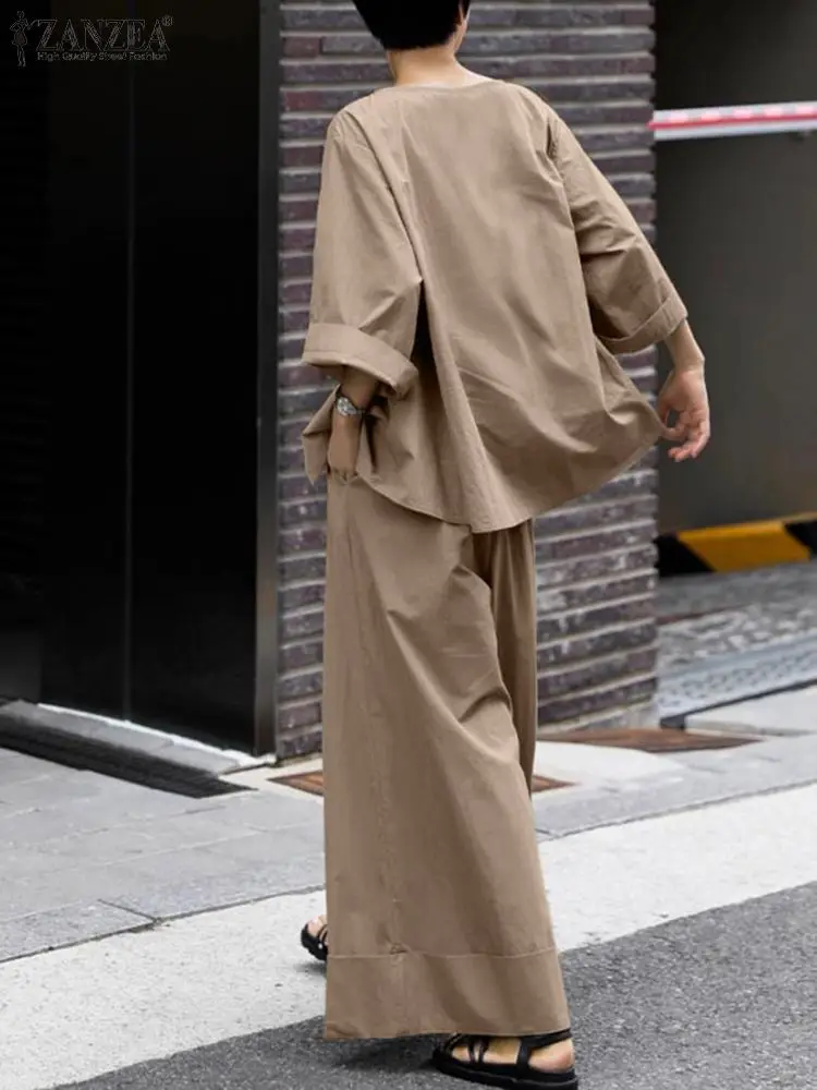 ZANZEA-ropa de calle para mujer, conjuntos de 2 piezas, pantalón liso de pierna ancha, blusa con dobladillo fruncido, trajes de 2 uds, conjuntos de pantalones informales sueltos, otoño 2024
