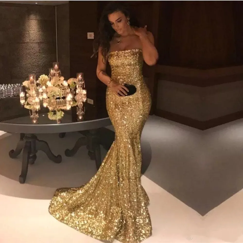 Glitter Gold Silver Sequin Mermaid Prom Dresses Strapless Sweep Train Evening Gowns Celebrity Party Event Wear Robe De Soirée