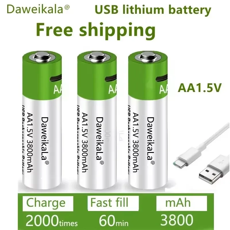 

1.5V AA Lithium-Ion Rechargeable Battery 3800mAh High Capacity USB Fast Charging Batteries for Keyboard Toys Mouse Flashlight Wi