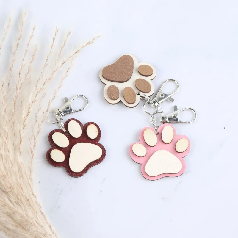 50/100 PCS Personalized customization lovely dog paw keychain wood hanging hook pandent plate for pet badges car key card gifts - view 5