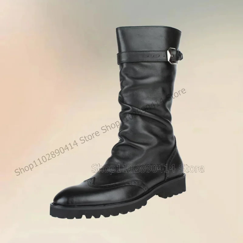 

Black Pleated Carving Design Buckle Decor Boots Fashion Back Zipper Men Shoes Luxurious Handmade Party Banquet Men Dress Shoes