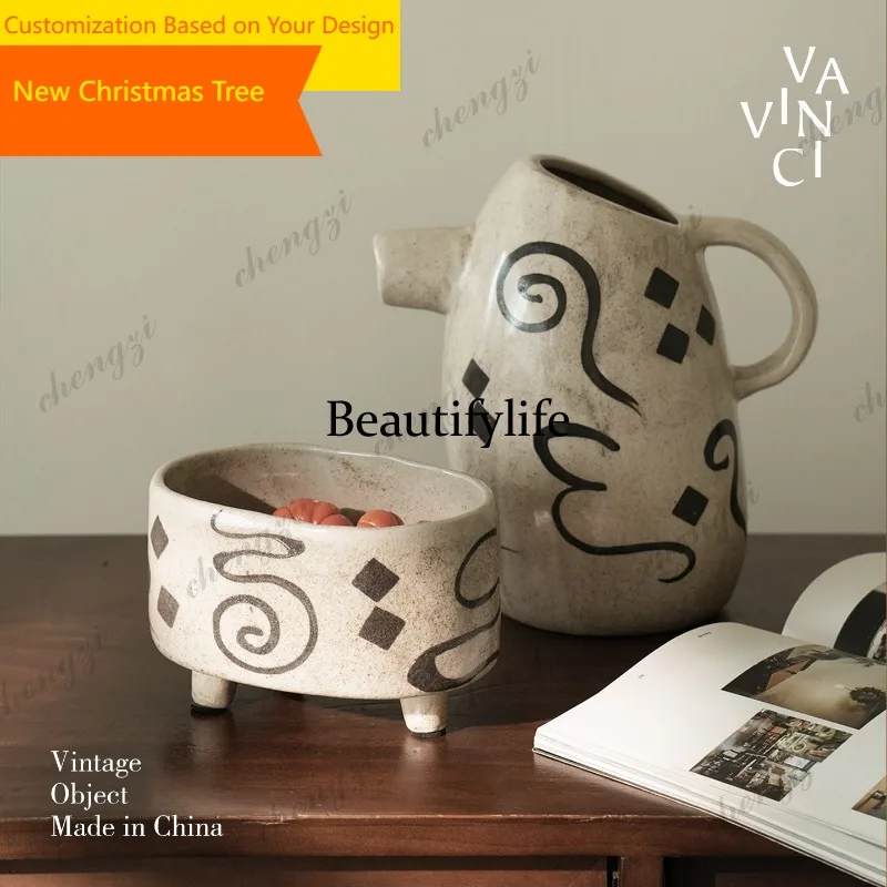45 Wabi Sabi retro hand-painted geometric pattern vase creative ceramic flower ware living room ornament