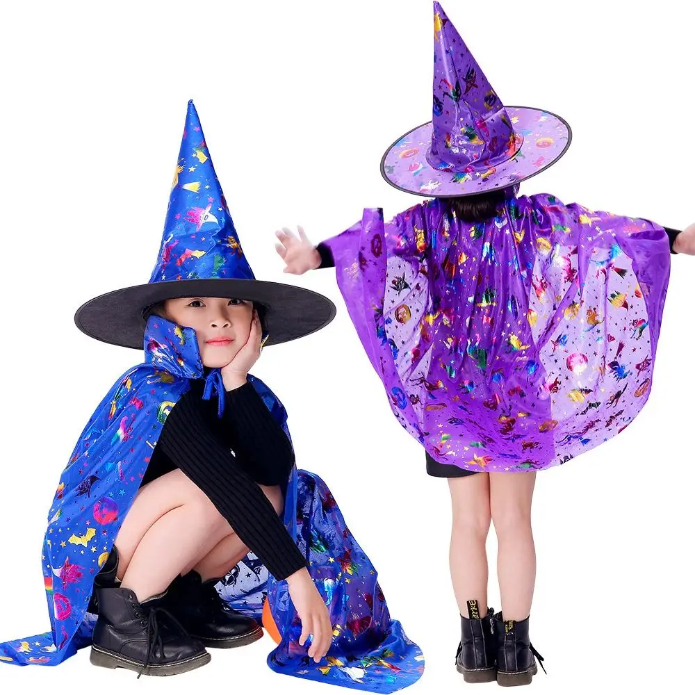 Funny Star Witch Cloak Cape with Hat Multicolor Sequin Halloween Clothing Cloak Sets Cosplay Costumes Witch Cloak Cape Robe Boys