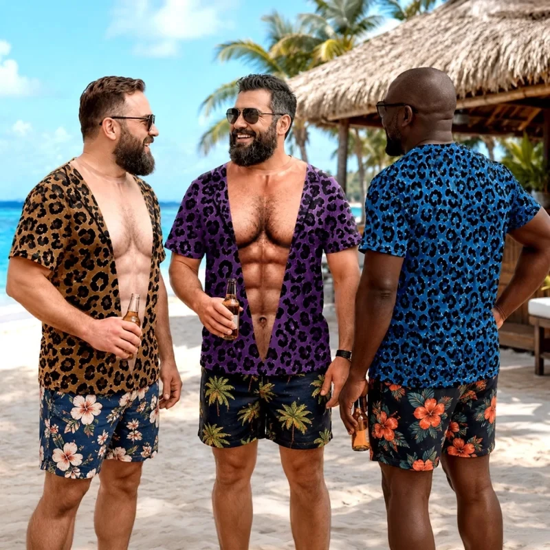 Men Novelty Leopard Fake Open Shirt T-Shirt 3D Printed Fake Six Pack Abs Graphic Tee Summer Beach Vacation Funny Party Tops