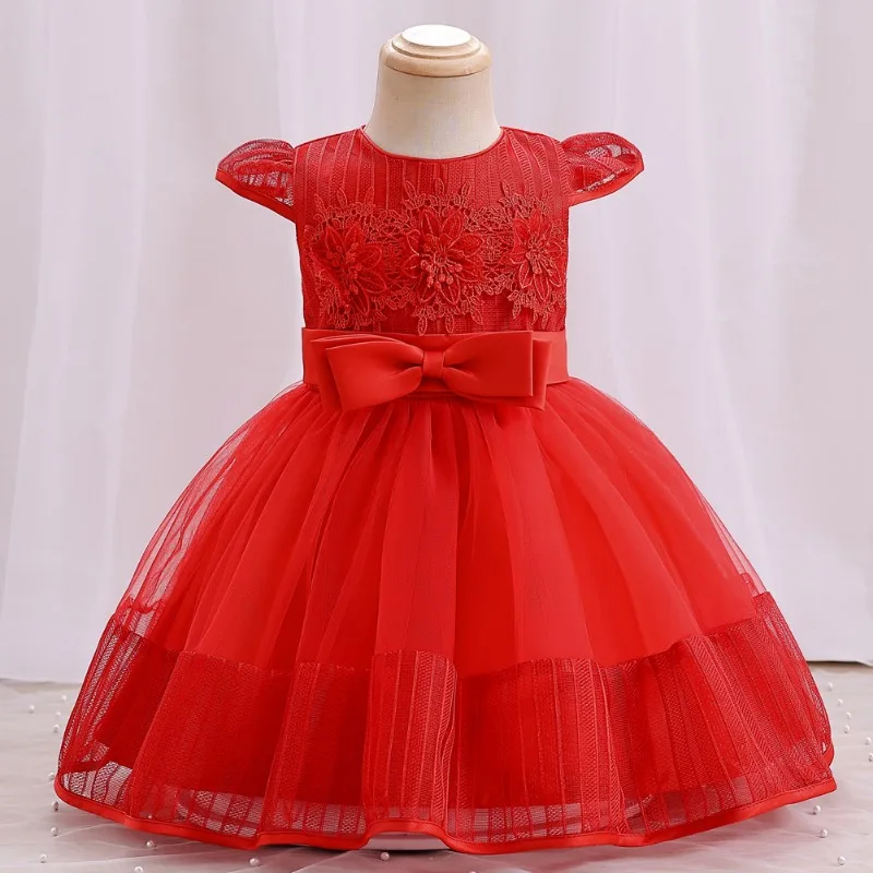 Infant Toddler Dress One Year Old Wash Short Sleeved Flower Mesh Puffy Skirt High Waisted Bow Short Skirt Flower Grils Dress