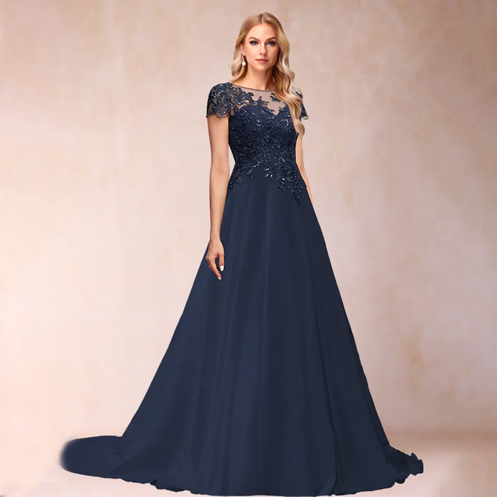 

MANRUIXIN Mother of Bride Dresses Scoop Neck Lace Appliques Short Sleeves Sweep Train Wedding Party Dresses Vestidos De Festa