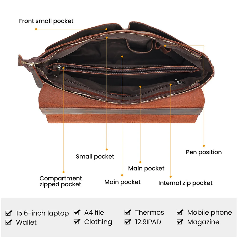 Портфель мужской из натуральной кожи, для ноутбука 15,6 дюйма