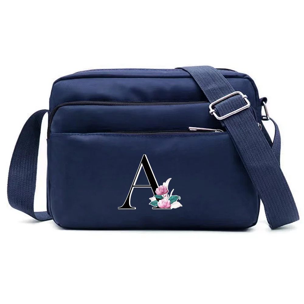 Bolsa de armazenamento de viagem e deslocamento de grande capacidade com padrão de série de letras de mármore branco Bolsa azul multicamadas de um ombro crossbody