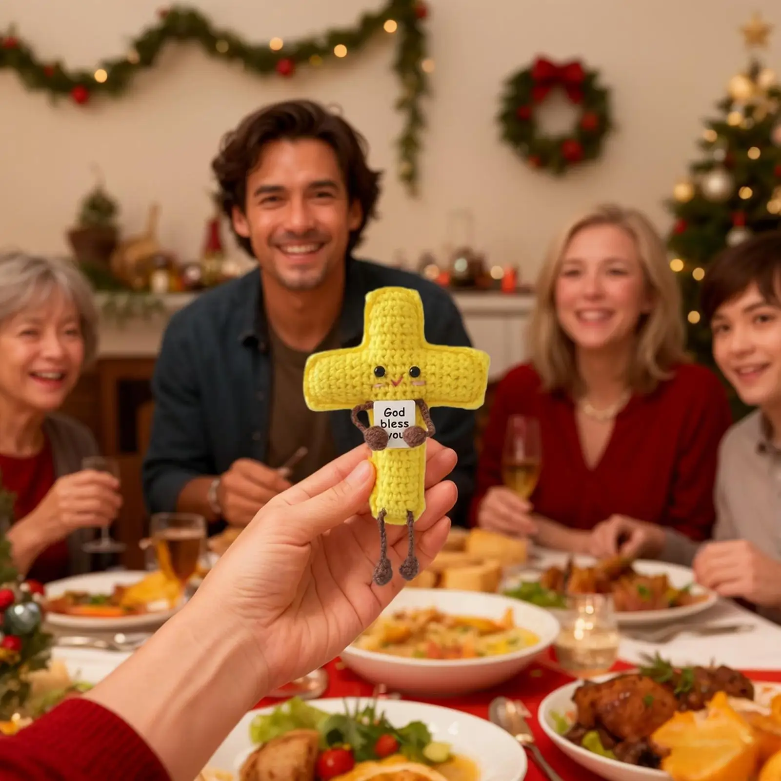 Muñecas de energía positiva de ganchillo, Mini figura tejida a mano con cruz de ganchillo, artesanías, animales de ganchillo Kawaii, regalos de navidad