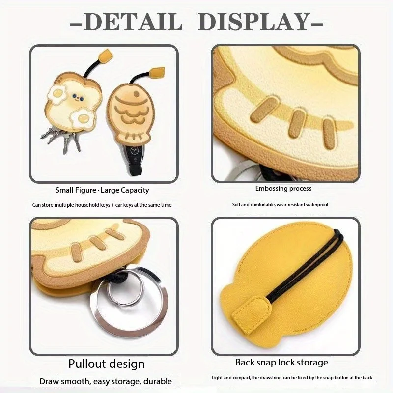 Taiyaki Car Key Pouch Pull-Out Cartoon Open-Top Pendant Case Unisex Creative Cute Decor for Men Women Ideal Gift for Car Owners