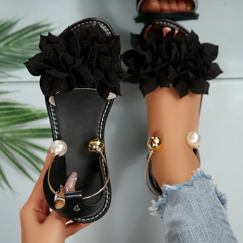 2026 New Women Sandals Flower Decoration Flat Slides Women Lightweight Comfort Beach Shoes Woman Fashion Floral Dress Shoes