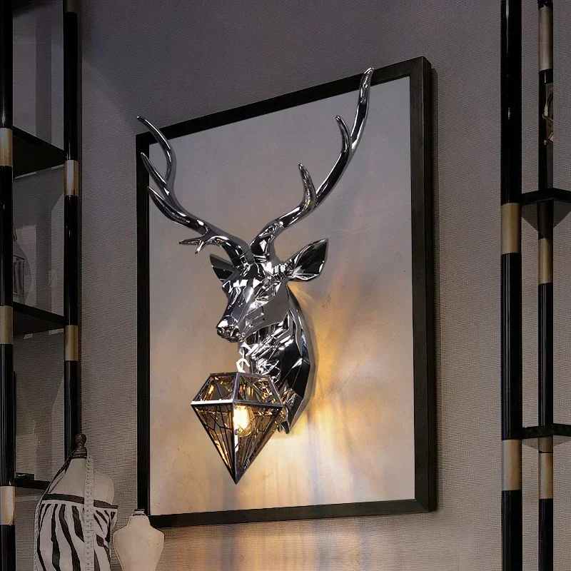 #Retro Deer Antlers Deer Heads Wall Lamp Personalized American Art Rural Style Creative Living Room
