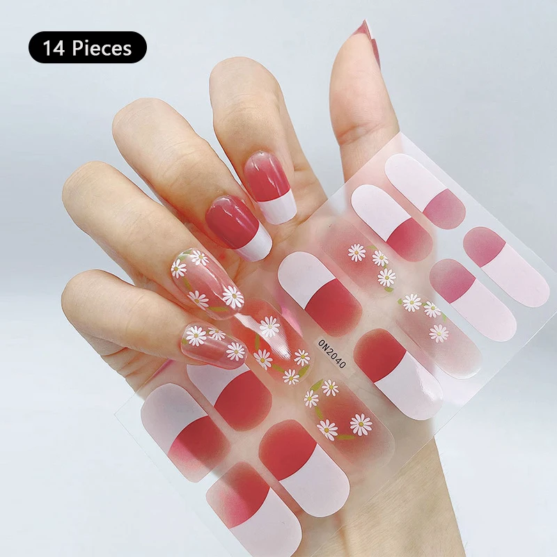 Gradiënt Full Cover Nail Wraps Sticker Gelei Rood Roze Blush Sliders Langdurige Pers Op Patch Strip Zelfklevende Bloem Nagel Sticker