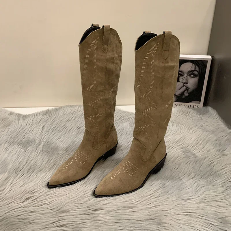 Botas hasta la rodilla de tacón bajo cuadrado para mujer, zapatos elegantes sin cordones, invierno, 2023