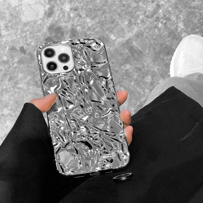 Qianliyao Luxury Silver Tin Paper Phone Case for iphone 16 15 14 13 11 12 Pro Max X XS Max XR Water Ripple Shockproof Soft Cover