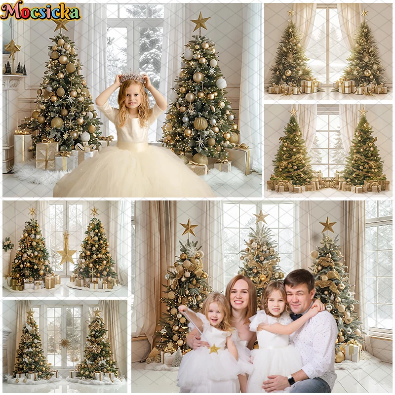 Mocsicka Xmas Gilded Frost Festivity Backdrops Kids Baby Photography Props Child Adult Photo Christmas Trees Window Background