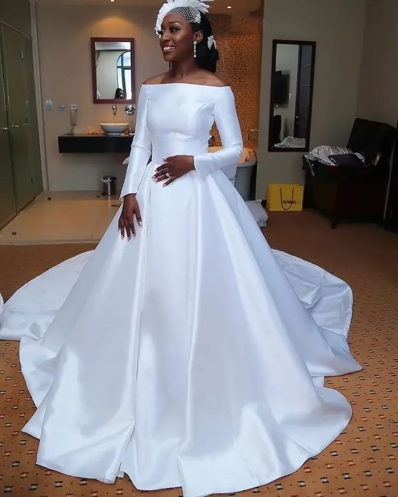 Customized A Line African Off The Shoulder Satin Sweep Train Long Sleeve Elegant Bohemian Wedding Dress Custom Cheap Bridal