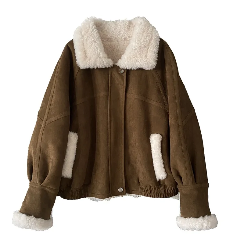 Lammhaar-Maschinen-Autojacke 2025, Herbst und Winter, neuer Artikel, Schafschurfell, integrierter Pelzmantel für Damen, kurzer junger Stil