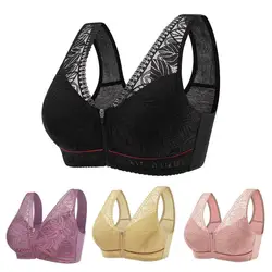 Elderly Women Bra Lace Wide Shoulder Straps Front Zipper Lady Bras Padded Deep V Neck Mid-aged Women Brassieres