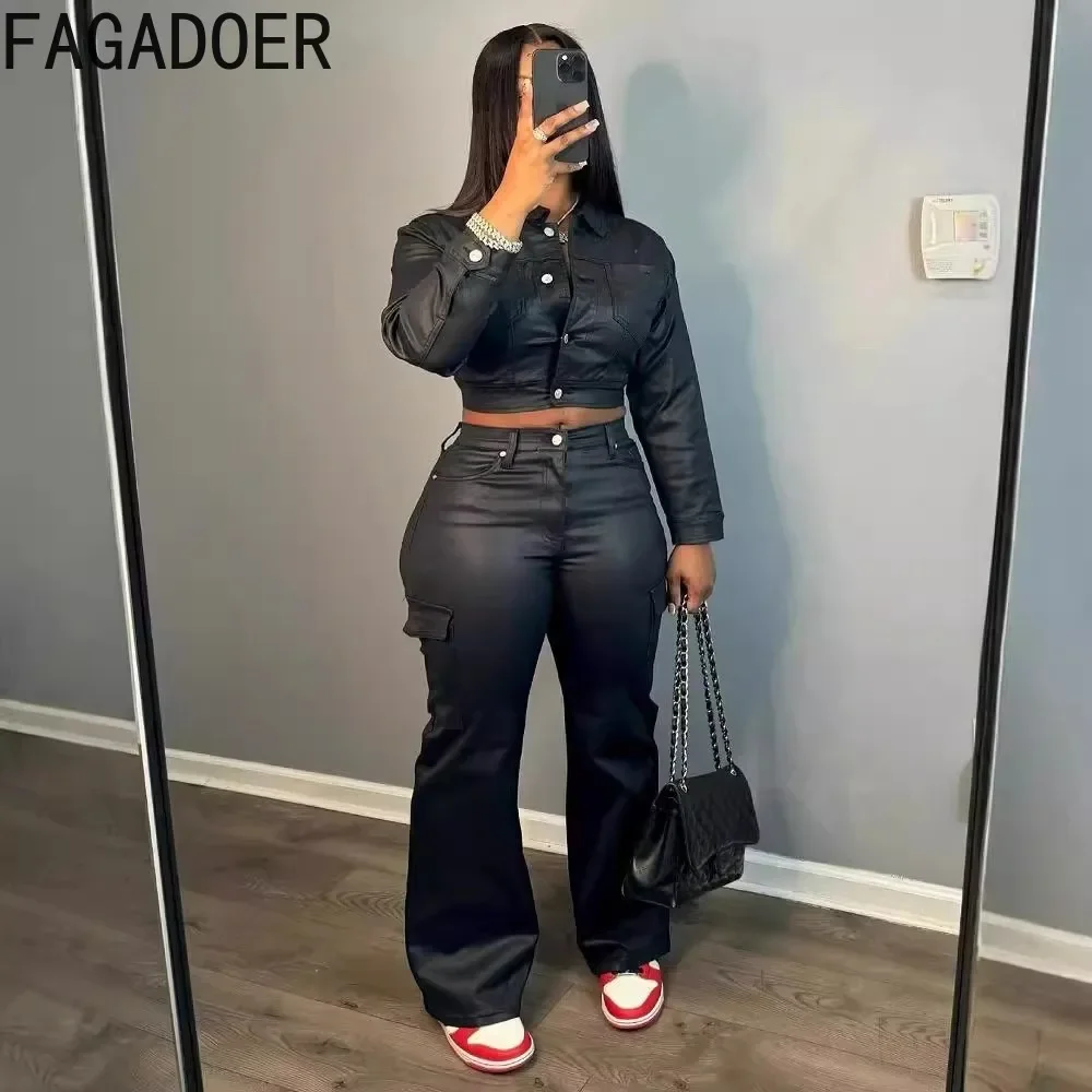 FAGADOER Y2K Punk Leather 2 Piece Sets Women Outfit Fashion Long Sleeve Buttons Crop Jacket And High Waisted Flare Pants Suit