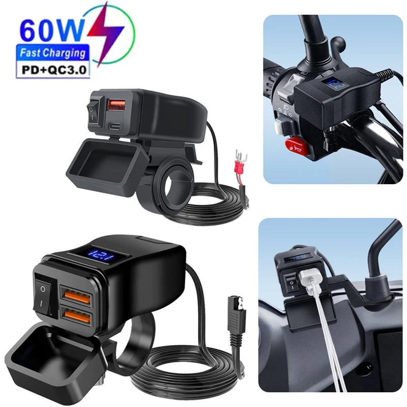 PD QC3.0 Motorcycle USB Fast Cellular Charger 12V Power Supply Adapter Type C Port Socket Connector with Switch Voltmeter