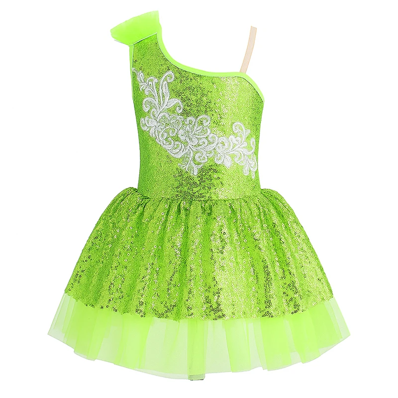 Robe de danse de Ballet à paillettes pour filles, asymétrique épaule dénudée, en Tulle, à volants, avec nœud décoratif, robe Tutu colorée pour spectacle de fête