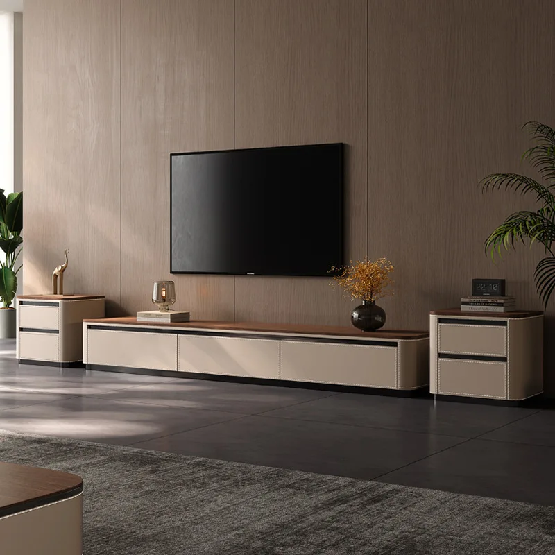 Walnut solid wood TV cabinet, designer retro wind floor cabinet, modern minimalist living room saddle leather floor cabinet