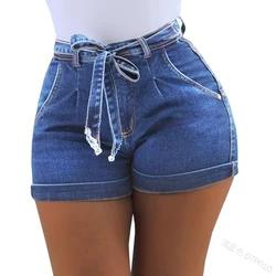 Shorts jeans de cintura alta feminino, cinto com renda, jeans lavado, shorts skinny diário, moda sexy de verão