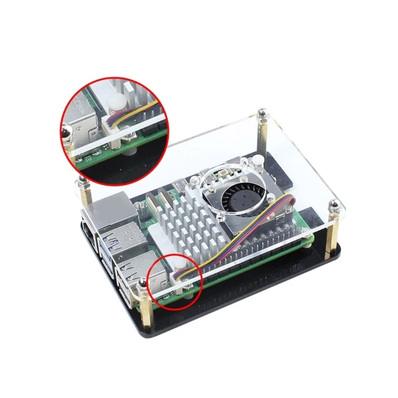 팬과 방열판이 있는 아크릴 하우징 RPI 5 보드용 최적의 냉각 케이스