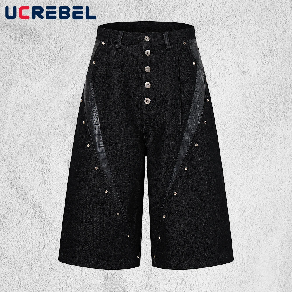 

Patchwork Pocket Capri Jeans Mens with Rivets Summer Retro High Street Single Breasted Baggy Wide Leg Dark Denim Pants Man
