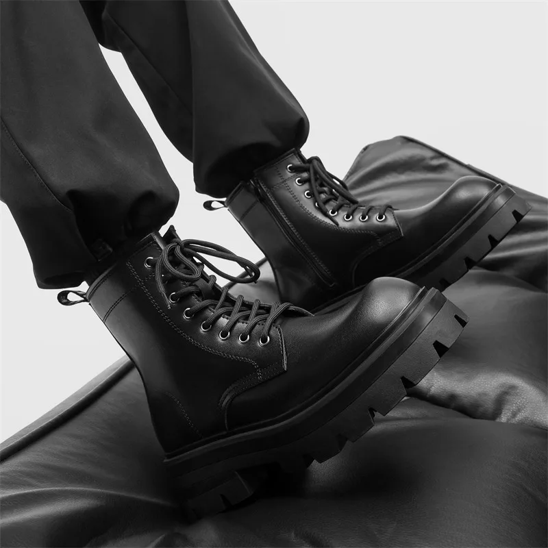 Men Casual Motorcycle Boots Men High Top Black Climbing Shoes New Big Head Knight Boots Thick Soled Heightening Leather Sneakers