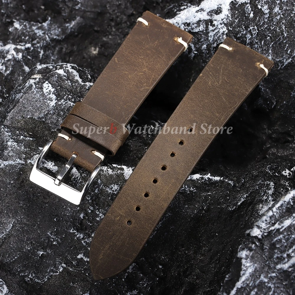 Vintage Ölwachs Leder Uhrenarmband für Seiko Handgefertigte Nähte Rindslederarmband für Omega Smartwatch Armband 18mm 20mm 21mm 22mm
