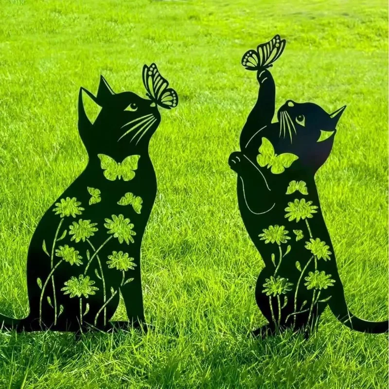 Set of 2 Black Cat Silhouette Garden Stakes, Outdoor Ground Insert Statue, Backyard Memorial Lawn Decoration