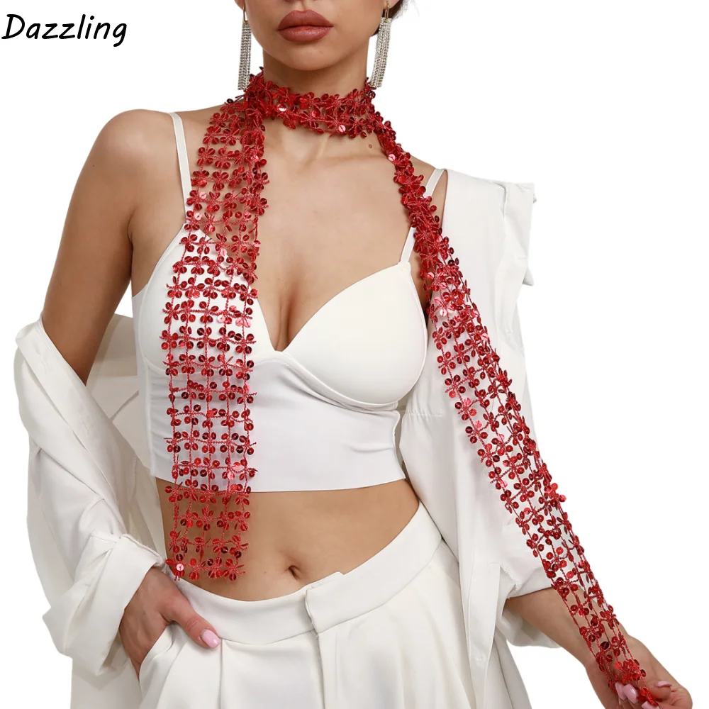 

Neck Wrap Shiny Sequin Scarf Hollow Flower Shape Belly Dancing Scarf Glitter Embellished Elegant Sparkling Hair Accessory Dance
