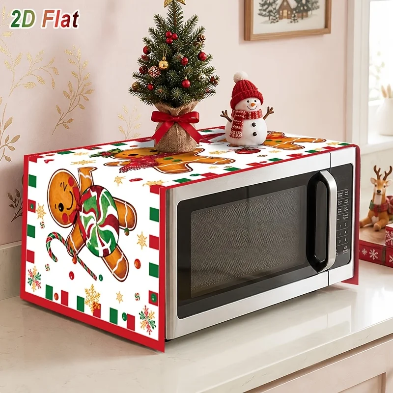 2/1 Piece Set, Microwave Oven-Specific, Christmas Microwave Dust Cover, Gingerbread Man Pattern Polyester 2D Flat Dust Cover, Gingerbread Themed Kitchen Decoration, Suitable for Microwave Ovens, Stoves, and Ovens, Christmas Themed Home Goods