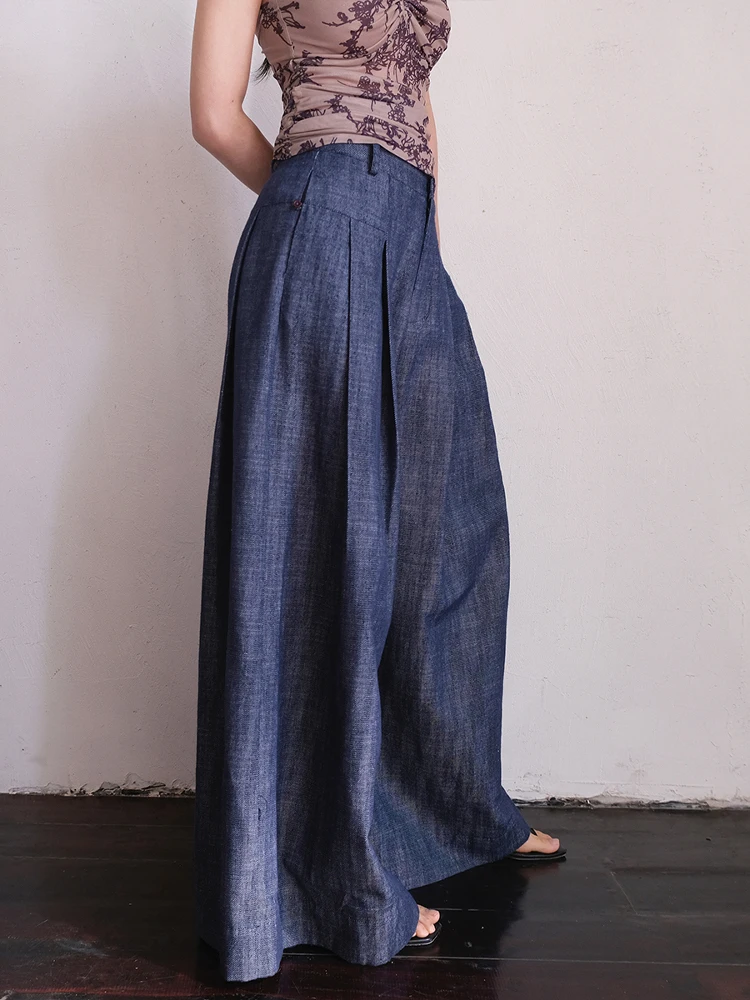 New Chinese Style Loose Wide Leg Jeans Linen Cotton Spring Summer Ladies Natural Waist Denim Blue Casual Comfortable Pants