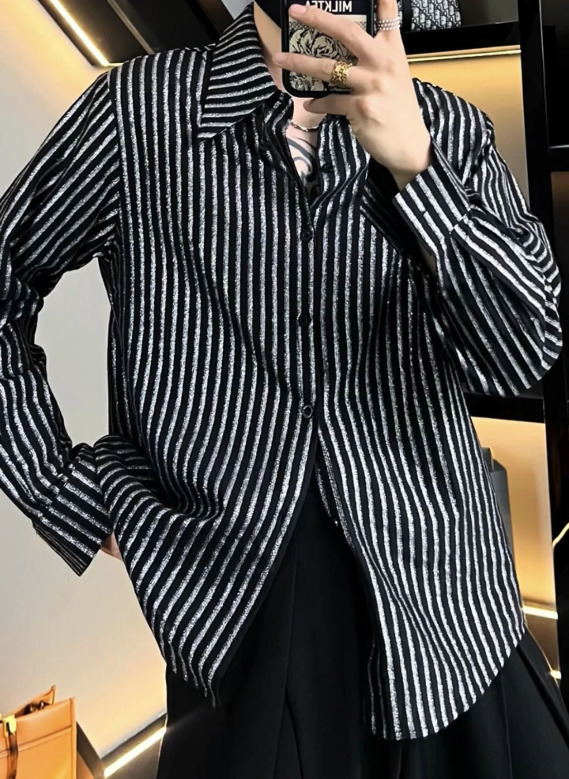 2025 Autumn New High-end Heavy-duty Gold-stamped Striped Long-sleeve Shirt Spring Loose Casual Versatile Stylish Men's Shirt