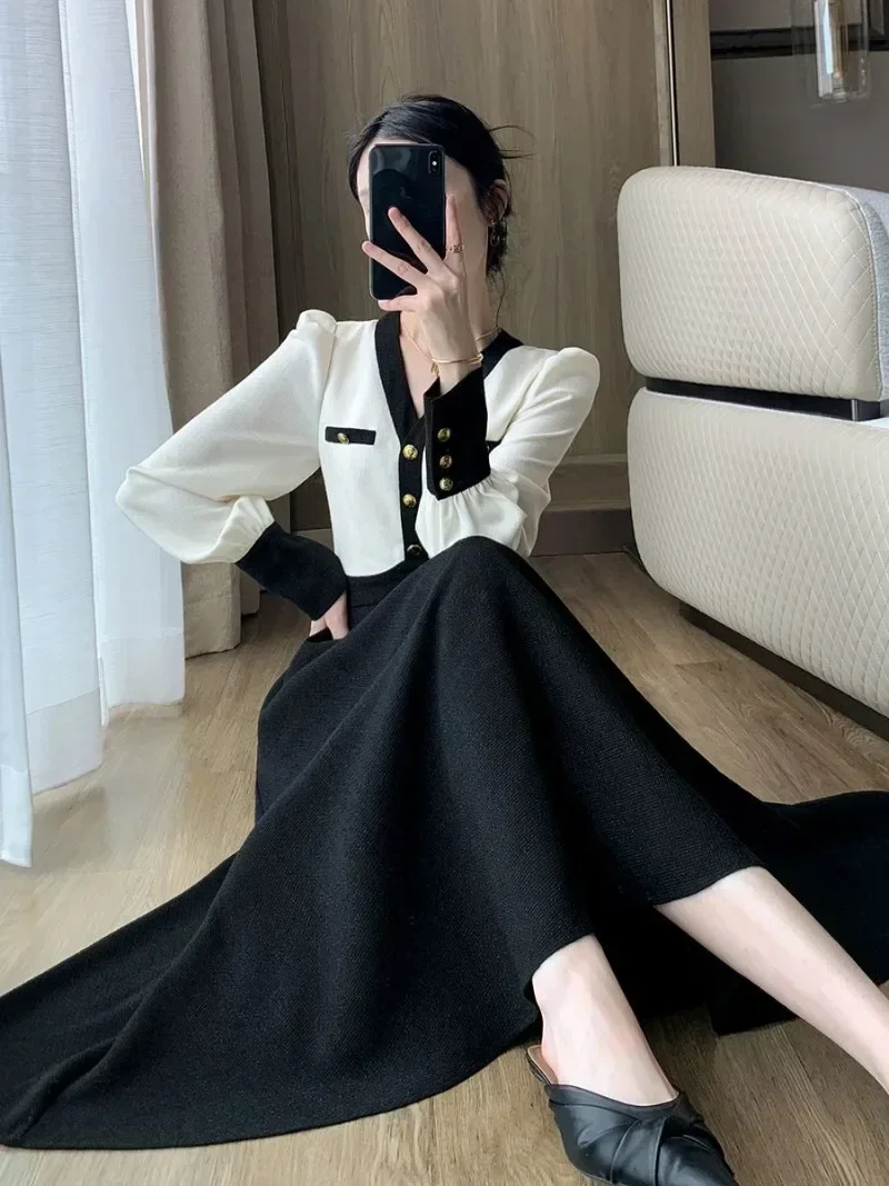 Gagarich Korean Long V-neck Dress Women Autumn Elegant French High-end Temperament Shows Thin Hepburn Style Long Vestidos