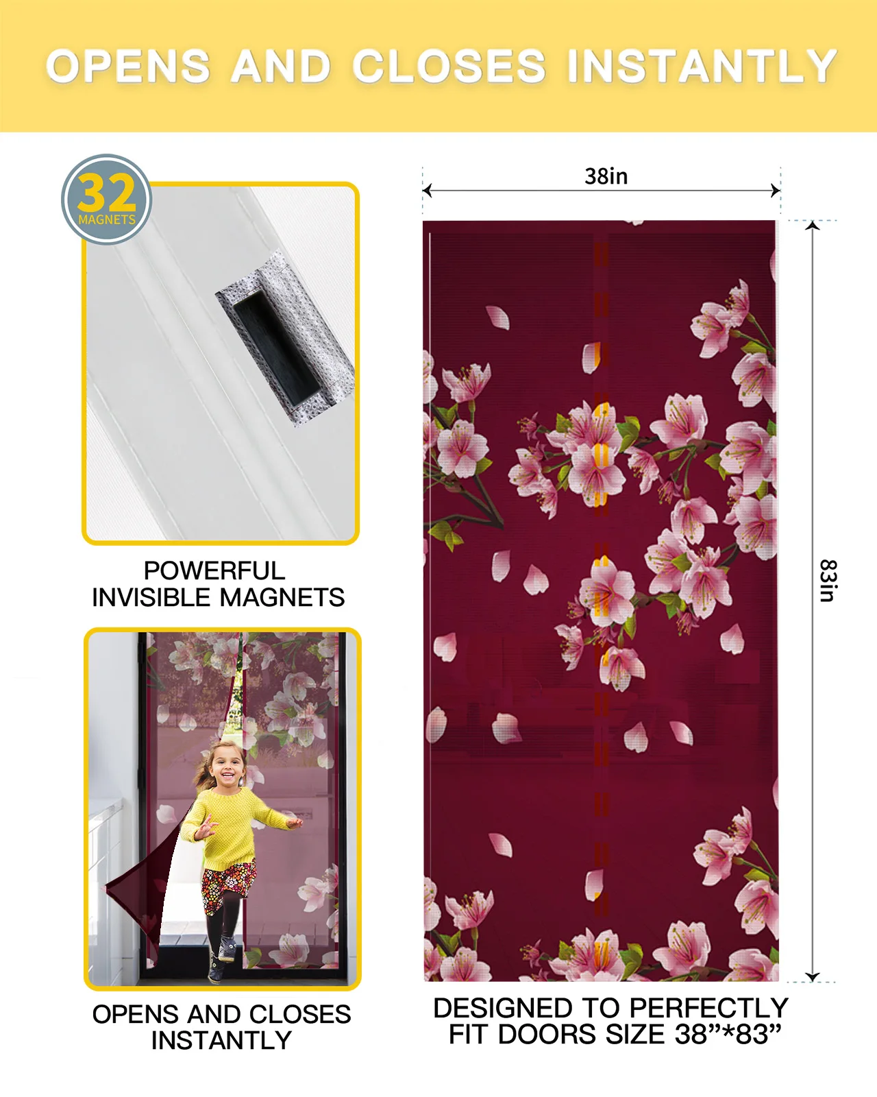 Plum Blossom Petal Branch Magnetic Mosquito Net Summer Anti Bug Fly Door Curtains Kitchen Screen Door Mesh