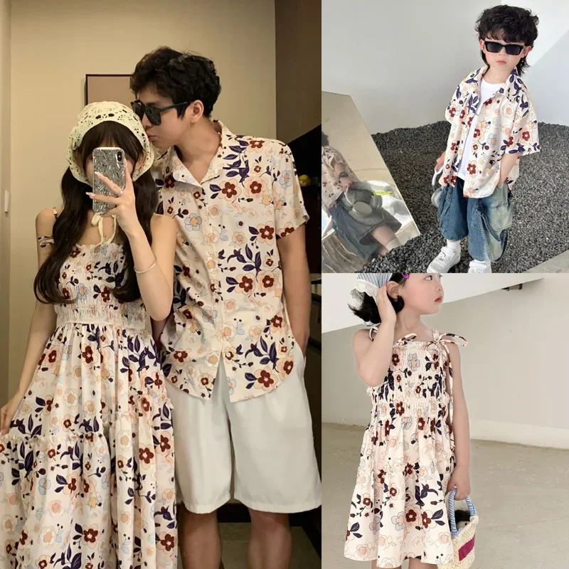

Resort Couple Look Family Matching Clothes Mom Daughter Floral Smock Dresses Dad Son Beach Shirts Vacation Parent-child Clothing