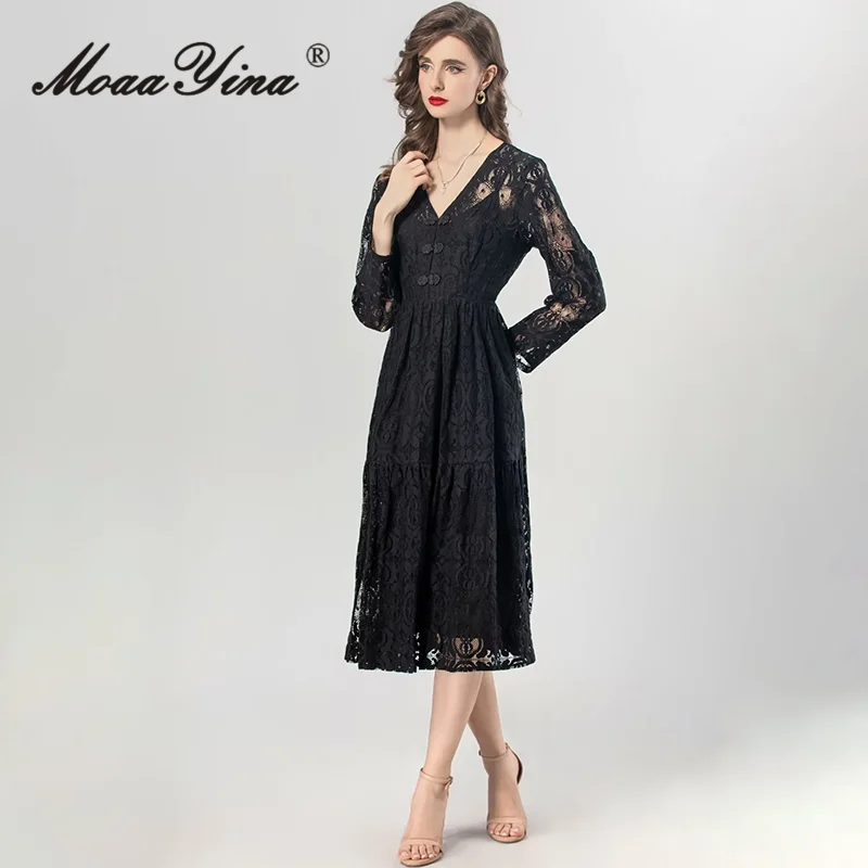 Moaayina-vestido vintage para mulheres, cor sólida, bordados, escavar, fivela de disco, pérolas, alta qualidade, recém-chegados, verão