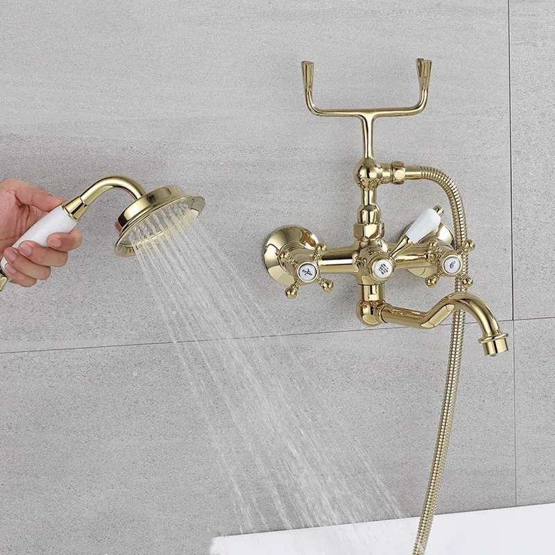 

Brush Gold Bathroom Bathtub Faucet + Handheld Shower Set Gold Luxury BathTub Mixer Taps Wall Mounted Brass