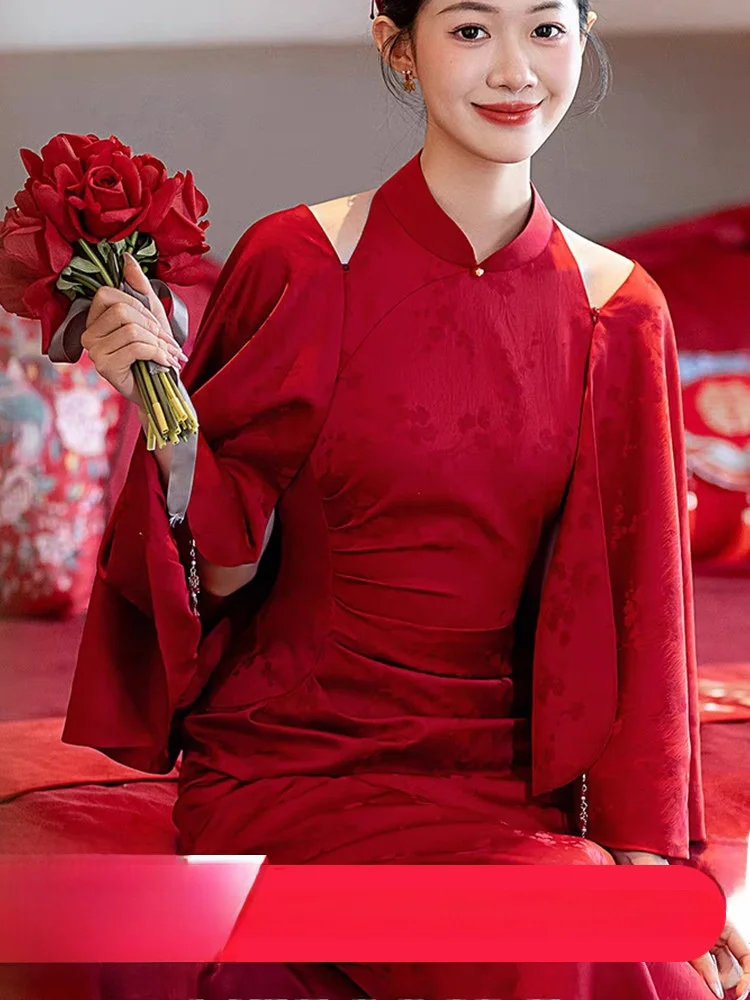 

Chinese Sle Evening Dr Women's Engagement Wedding Dr Red Qipao oulder Bared with awl mid Length Skirt Long Qipao