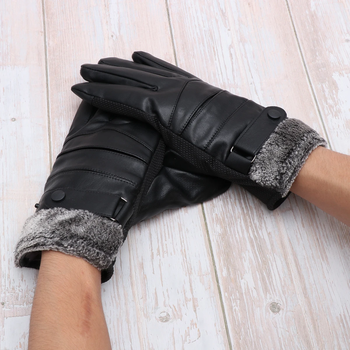 

PU Thermal Ski Gloves for Men Windproof Touch Screen Anti slip Durable Finger Gloves Coral Fleece Lining Adjustable
