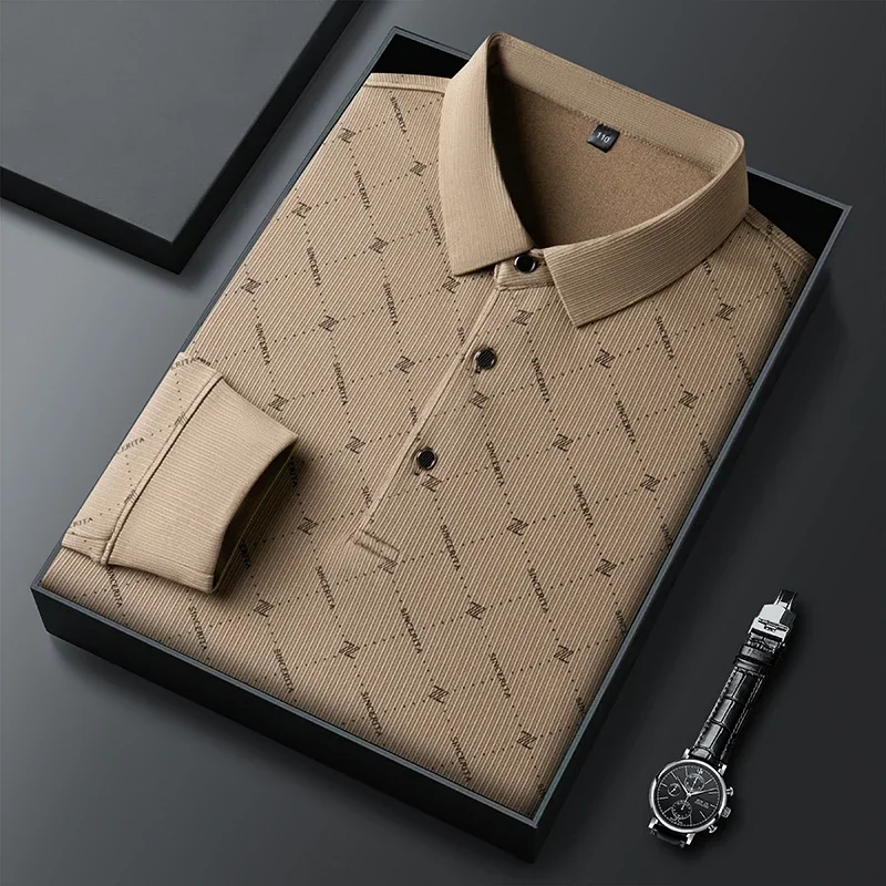 

New Men's Business Casual Long Sleeved Shirt with Badge Solid Color Polo Shirt Fashionable Breathable Comfortable Versatile Top